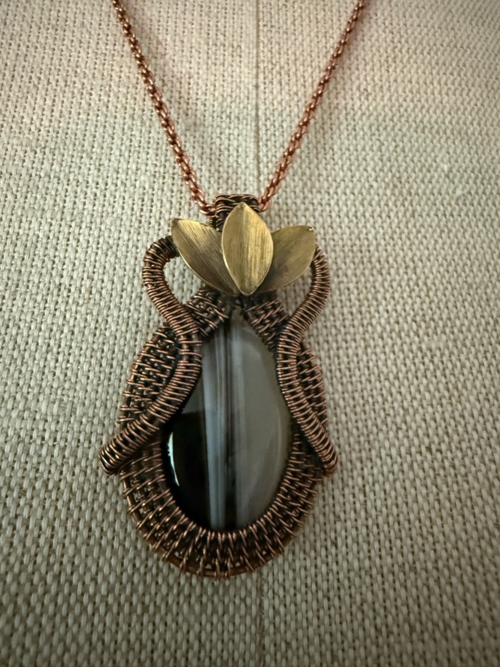 Handcrafted Copper Wire Wrapped Black Agate Pendant Necklace